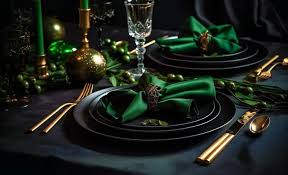 Black Table cloth Green Waterfall napkins Gold Charger